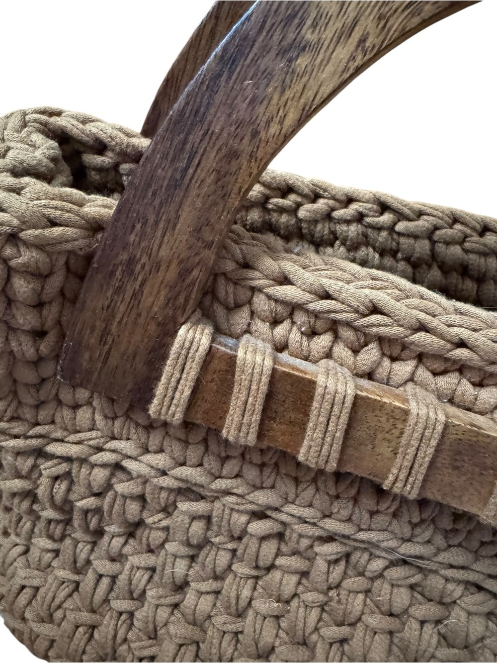 Handwoven Bohemian Brown Crochet Purse with Wooden Handle - Picture 3 of 4